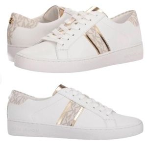 MICHAEL KORS Irving Stripe Lace Up Leather Sneakers NEW IN BOX Rose Gold